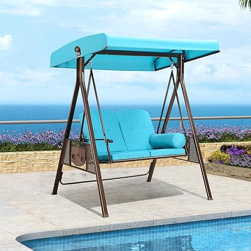 PURPLE LEAF 2-Seat Deluxe Outdoor Patio Porch Swing with Weather Resistant Steel Frame, Adjustable Tilt Canopy, Cushions and Pillow Included, Turquoise Blue