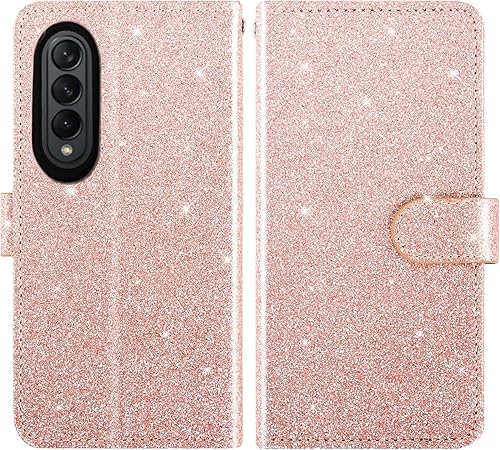 Miniatura 5 de Asuwish Funda de teléfono para Samsung Galaxy Z Fold 3 5G 2021 con cubierta de cartera con purpurina, soporte para tarjetero, soporte de ranura para