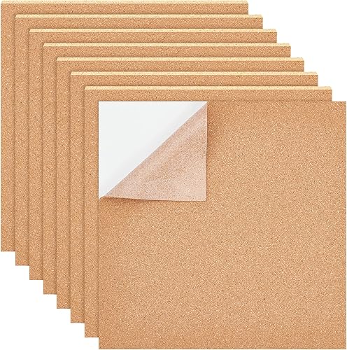 BENECREAT Paquete de 8 hojas de corcho autoadhesivas de 0.079 in, azulejos de corcho de 12 x 12 pulgadas con parte trasera adhesiva para posavasos,