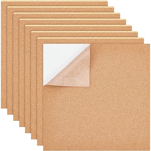 BENECREAT 8 Pack Self-Adhesive Cork Sheets 2mm Cork Tiles Cork Mat 12x12 Inch with Adhesive Back for Coaster, Wall Decoration, Party and DIY Crafts
