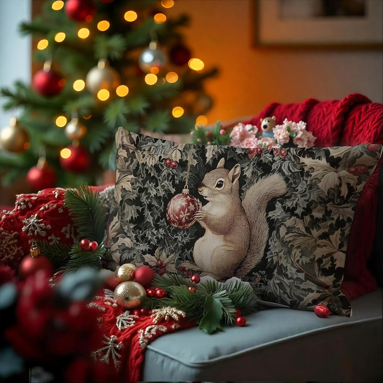 Vintage Christmas Botanical Squirrel Pillow Covers 12x20 Double-Sided, Dark Cottagecore Christmas Red Ball Berries Cute Squirrel Decorative Throw Pillow Covers for Home Bedroom Living Room - Image 4