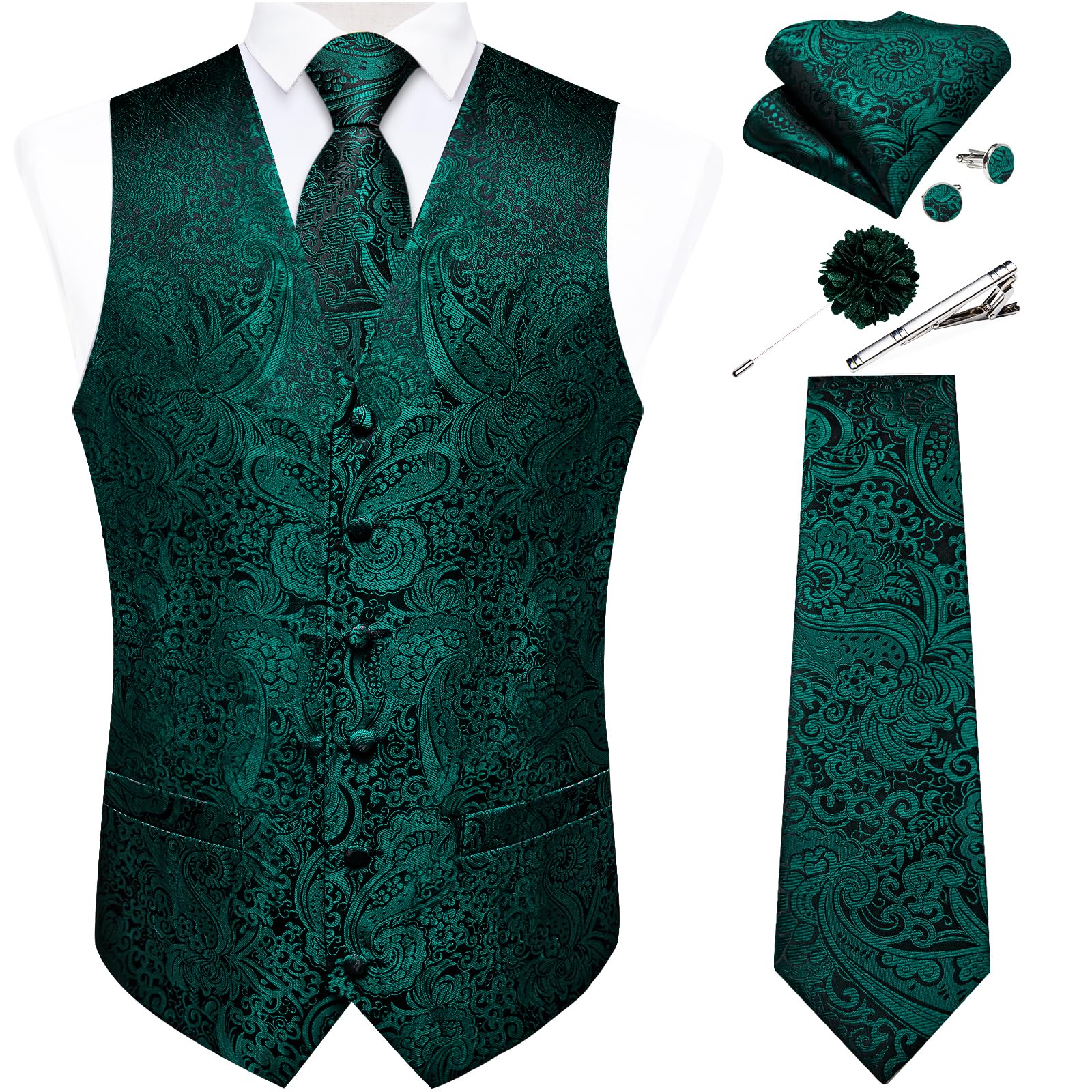 DiBanGu Mens Vest and Tie Set Formal Paisley Waistcoat and Necktie Pocket Square Cufflinks Silk Suit Vest for Tuxedo Wedding