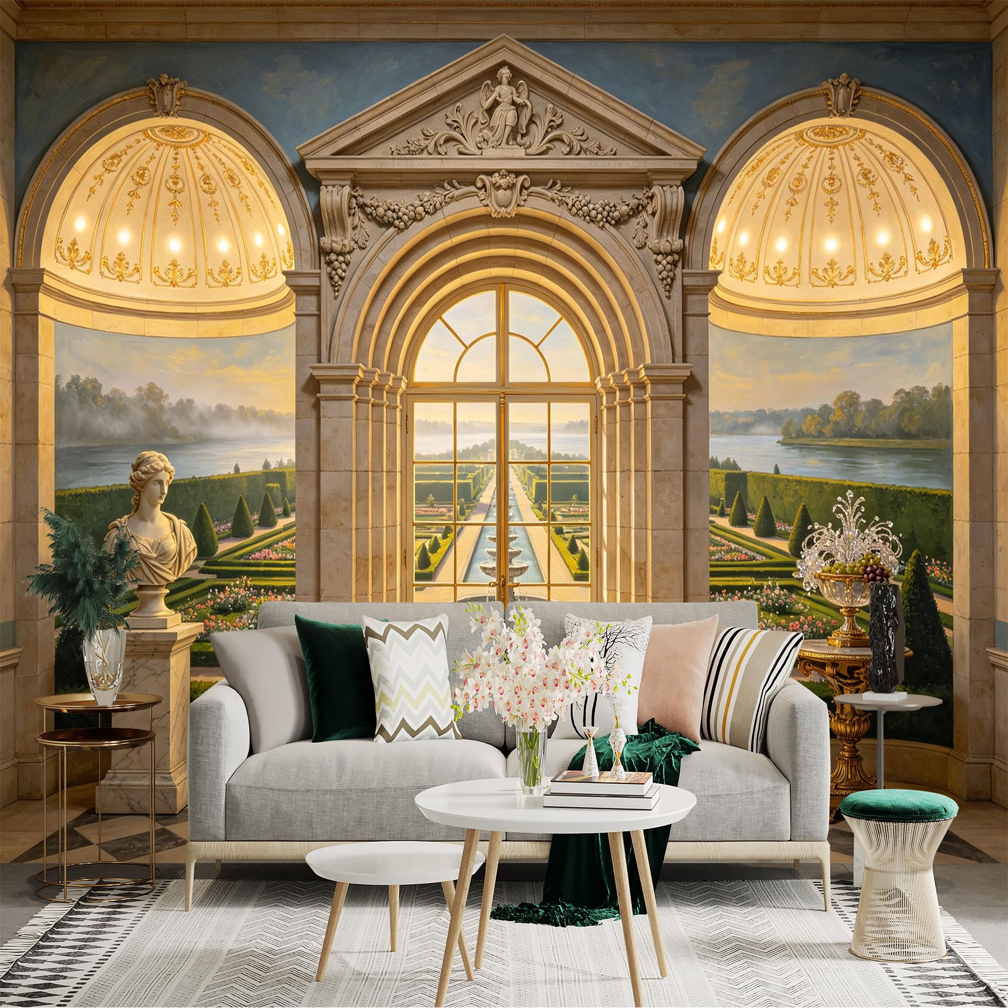 Custom Size Wall Sticker Mural， Classical Palace Archway with Garden Fountain and Marble Interior， for wall Decoration， peelandstick wall Decals.