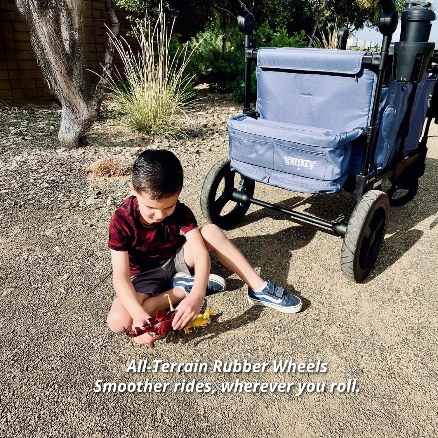Keenz MOOV 2-Passenger All-Terrain Stroller Wagon with Reclining Seats, Cooler Bin, Push/Pull Handle, and Rubber Wheels – Foldable Wagon for Kids and Toddlers,Blue