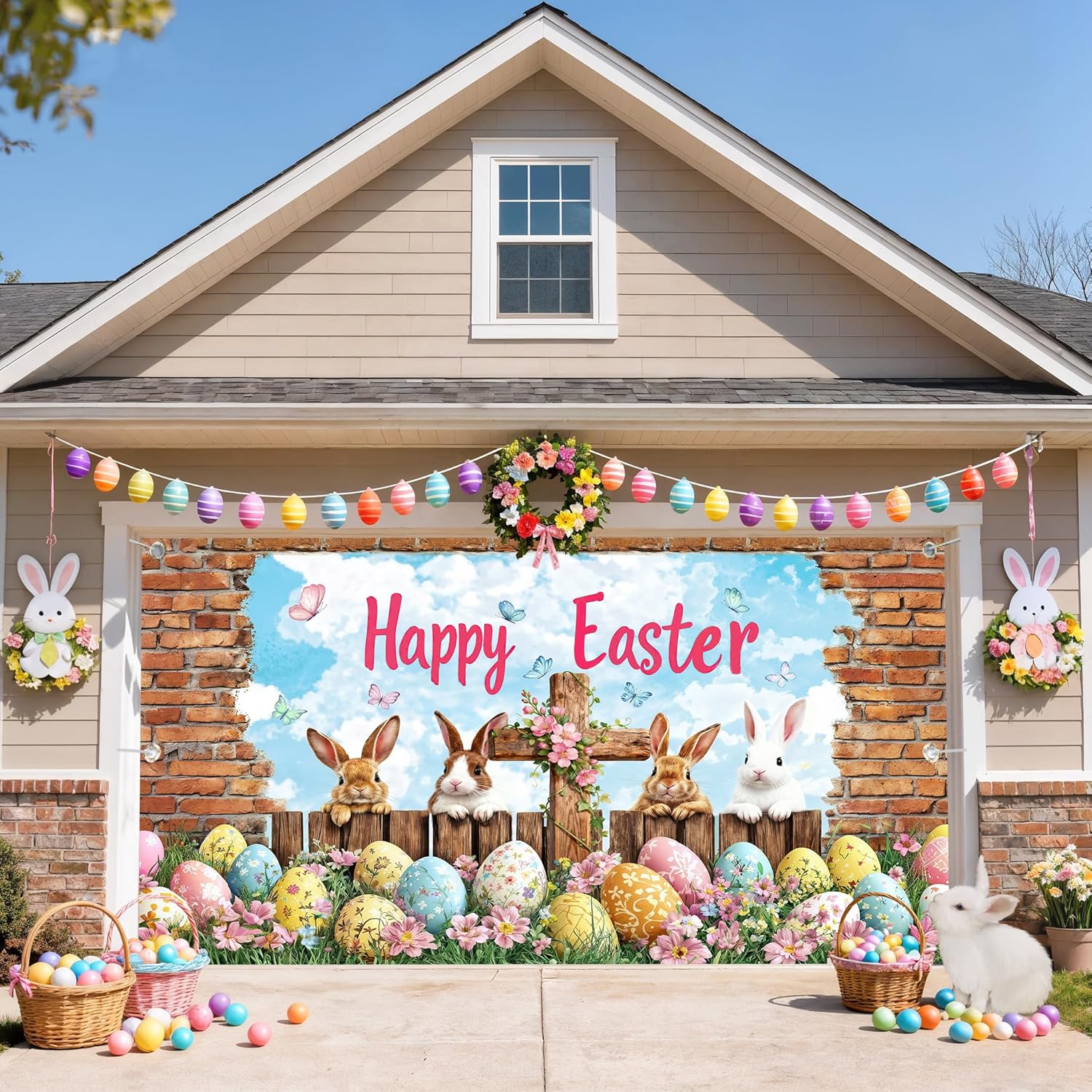 16X7ft Happy Easter Garage Door Backdrop Decoration Cute Bunny Colorful Eggs Spring Floral Door Cover Garage Banner for Outdoor Indoor Spring Easter Party Kids Background Decoration Wall Decor