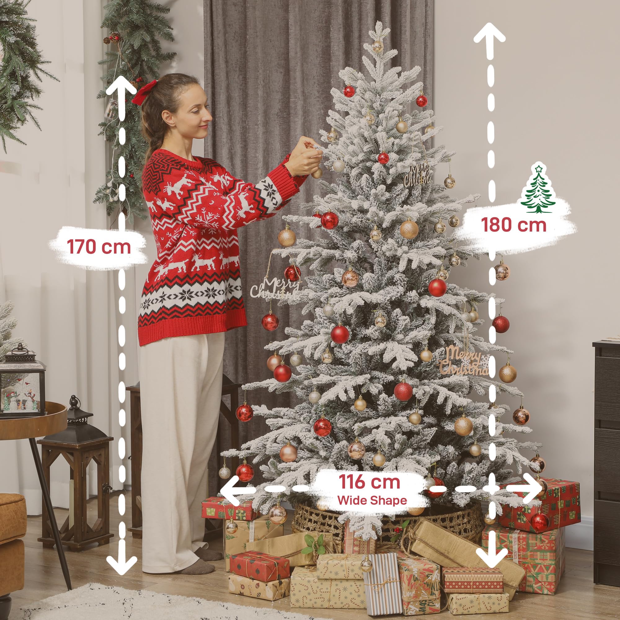 HOMCOM Sapin de Noël Artificiel Floqué de Neige 180 cm Vert | 1815 Pointes de Branches Articulées, Arbre de Noël, Support en Métal Pliable, Facile à Monter et Ranger, Plastique Ignifuge