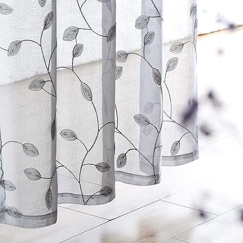 Miniatura 3 de Fragrantex Cortinas bordadas blancas de 63 pulgadas de largo con estampado de hojas doradas y amarillas, cortinas botánicas para ventana para