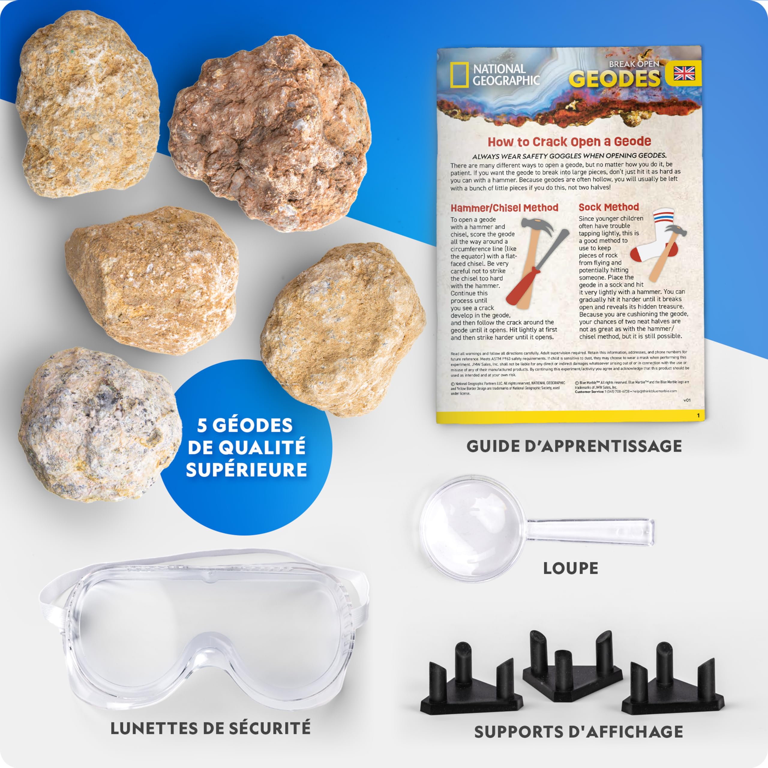 National Geographic Kit de Géodes Jumbo à Casser – Cadeau Scientifique STEM pour Enfants, Casse tes Propres Géodes + Lunettes de Protection & Support d’Exposition
