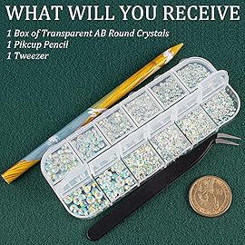 6 Sizes Transparent AB Glass Crystal Kit with Pickup Pen + Tweezer Tools for Iridescent Shine Nail Art Manicure Makeup DIY Decoration Flatback Round Rhinestone Gem Jewelry Diamond