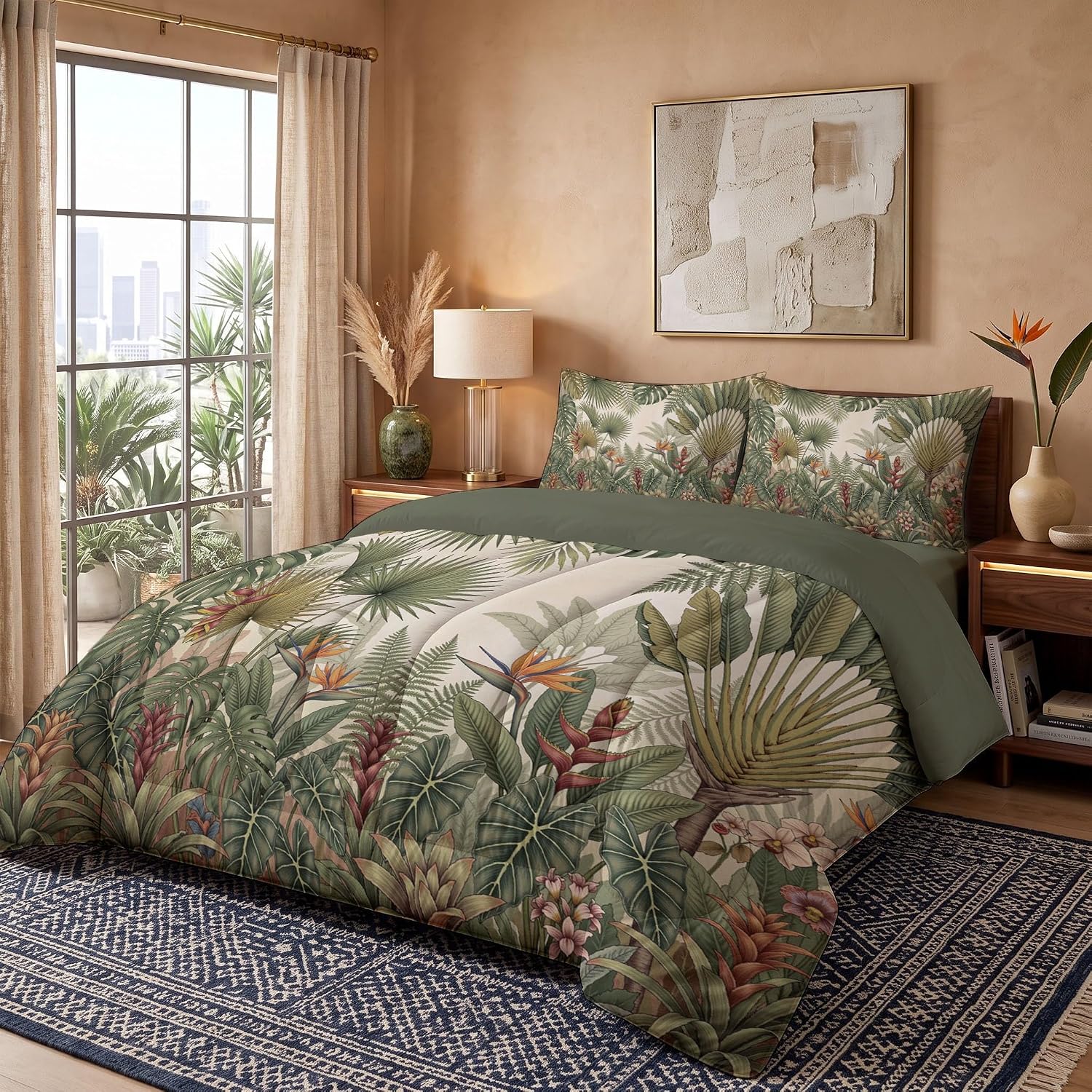 Tropical Rainforest Quilt Set King 3 Pieces, Gray-Green Quilts Bedding Set Dense Plant Palm Leaves Bedspread Bed Cover Lightweight Spring Summer Beds Coverlet for All Season - 104"X90"