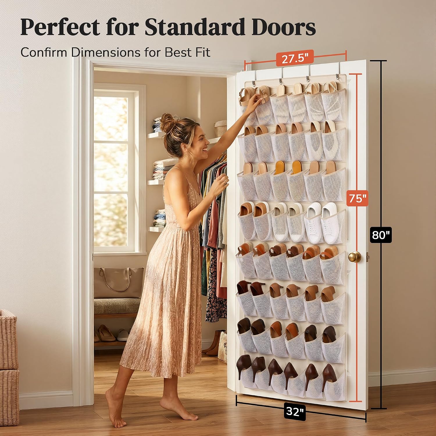 48 Pockets Over the Door Shoe Organizer, Mesh Hanging Shoe Rack for Women, 6-Column Heavy Duty Shoe Storage for Sneakers & Heels, Behind Door Holder for Entryway Bedroom Dorm College, Beige