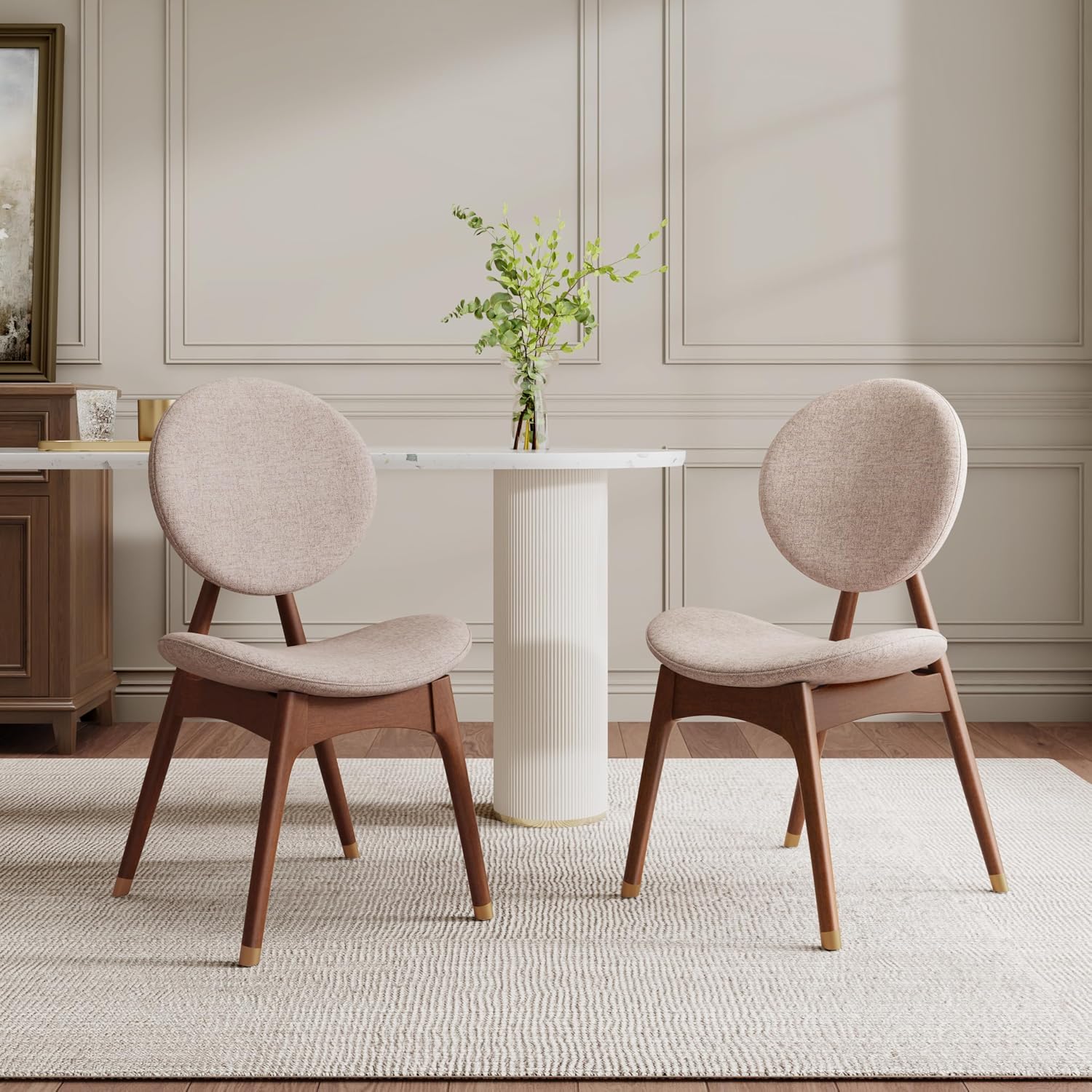 Christopher Knight Home Nomi Solid Wood Dining Chairs Set of 2, Kitchen Armless Chair with Upholstered Curved Backrest/Seat, Comfy Living Room Chairs Set of 2 with Splayed Legs, Dark Beige + Walnut