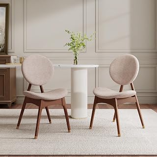 Christopher Knight Home Nomi Solid Wood Dining Chairs Set of 2, Kitchen Armless Chair with Upholstered Curved Backrest/Seat, Comfy Living Room Chairs Set of 2 with Splayed Legs, Dark Beige + Walnut