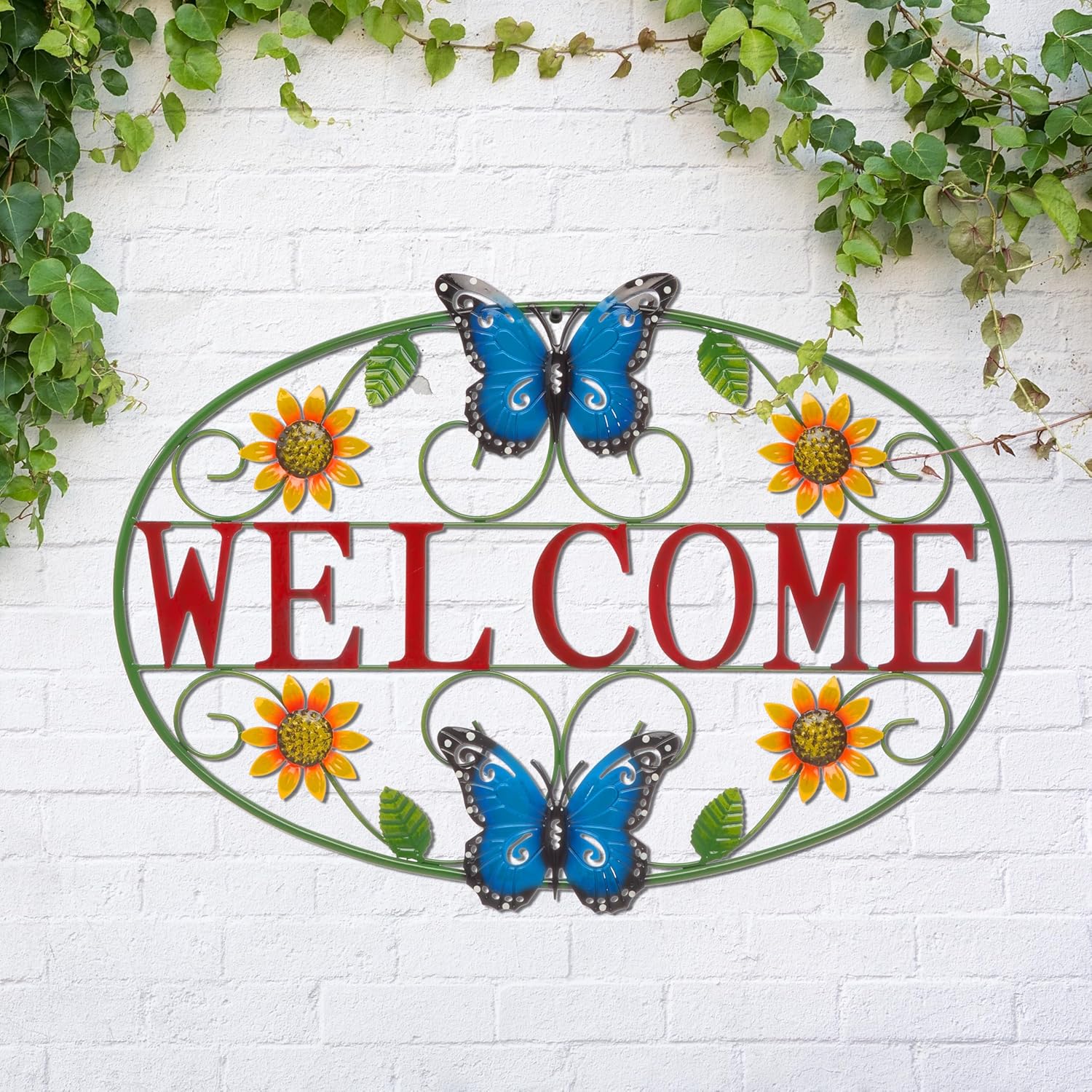 Glitzhome Metal Welcome Wall Decor - Outdoor/Indoor Vibrant Sunflower & Butterfly Garden Art for Porch Patio Yard