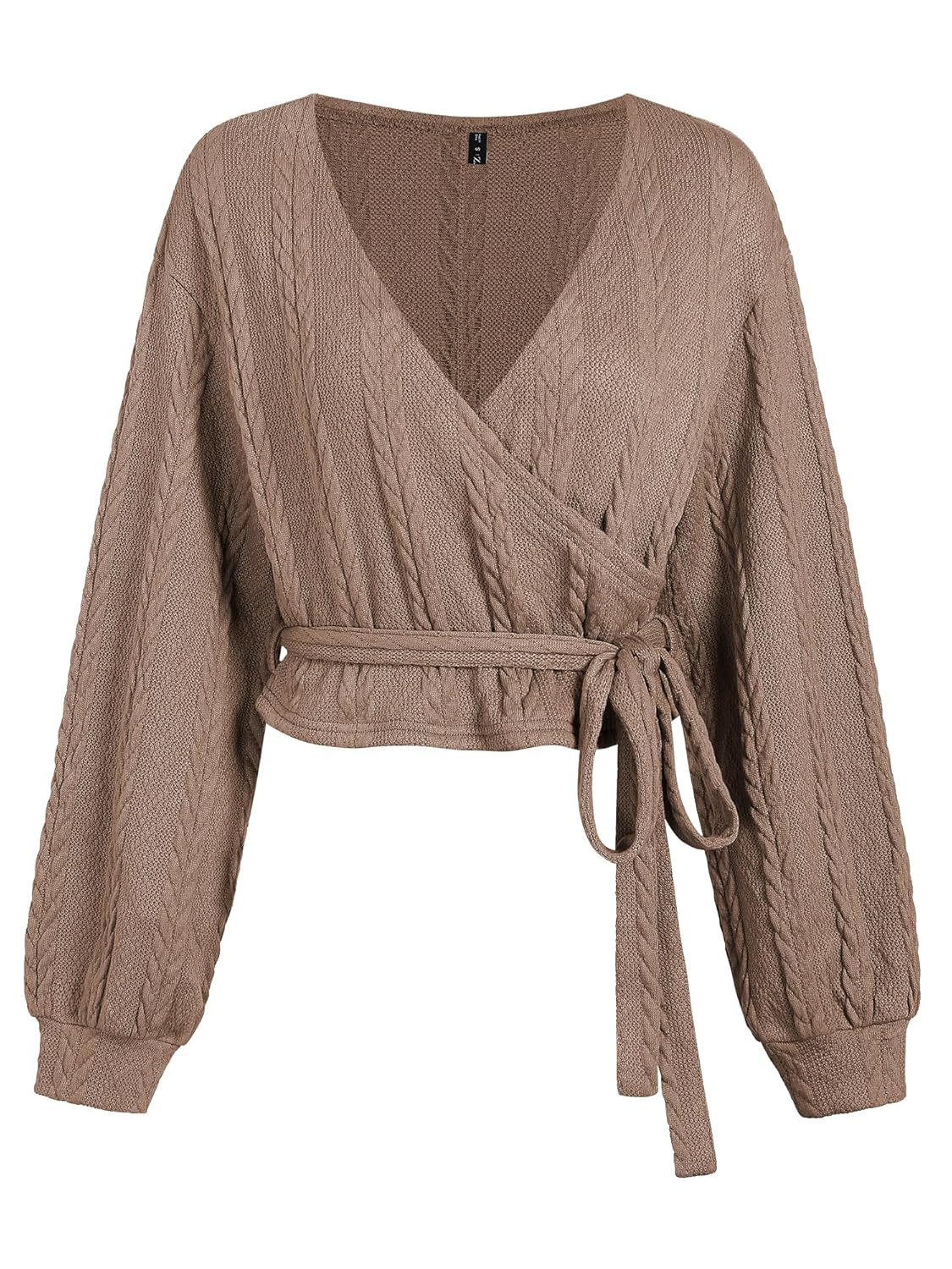 ZAFUL Womens V Neck Sweater Lantern Long Sleeve Pullover Cable Knit Cross Crop Top Casual Tie Wrap Tunic
