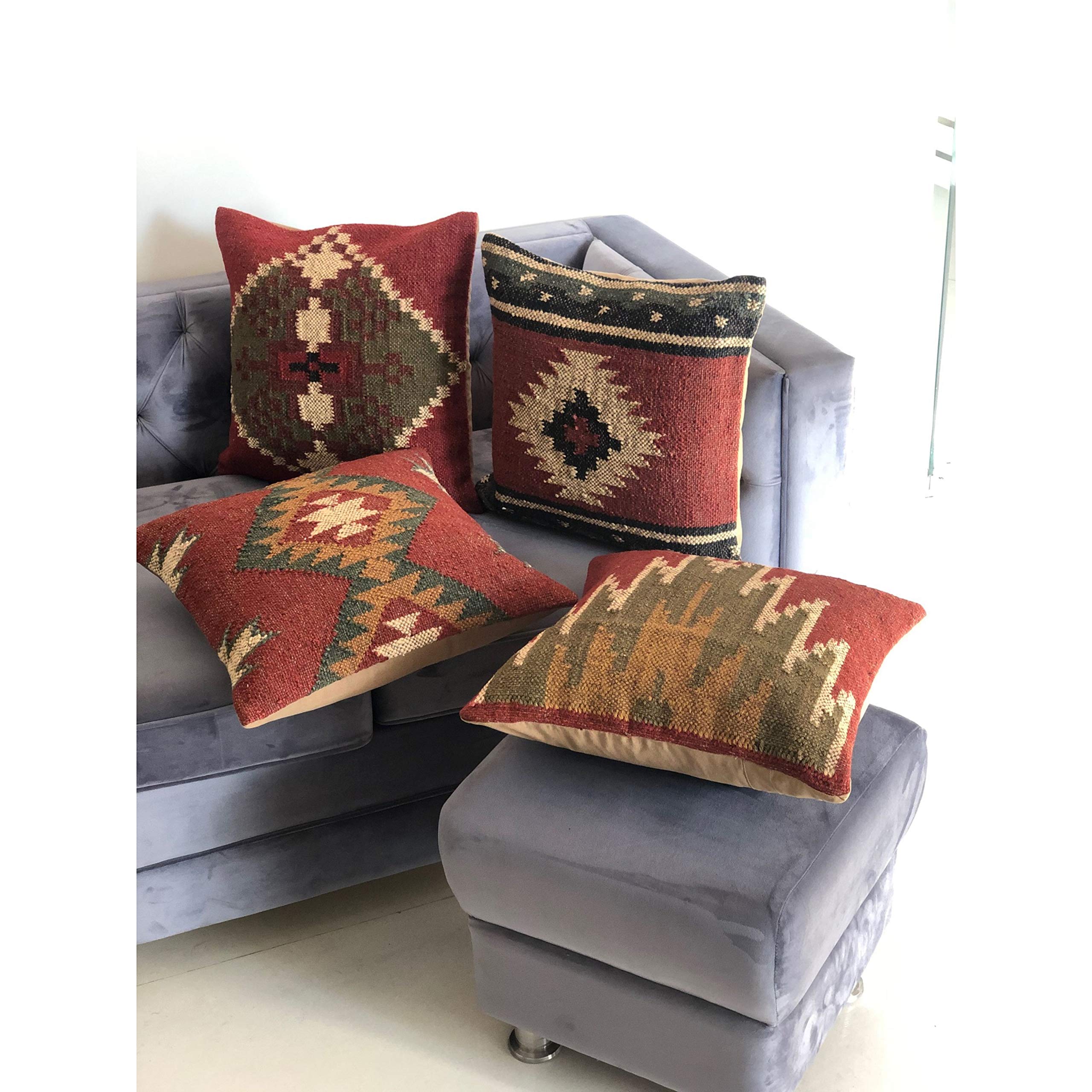 Trade Star - Juego de 4 fundas de cojín hechas a mano,cojín de decoración para el hogar para sala de estar,cojín de 18 "x 18" pulgadas para sofá,cojín kilim,funda de cojín de yute