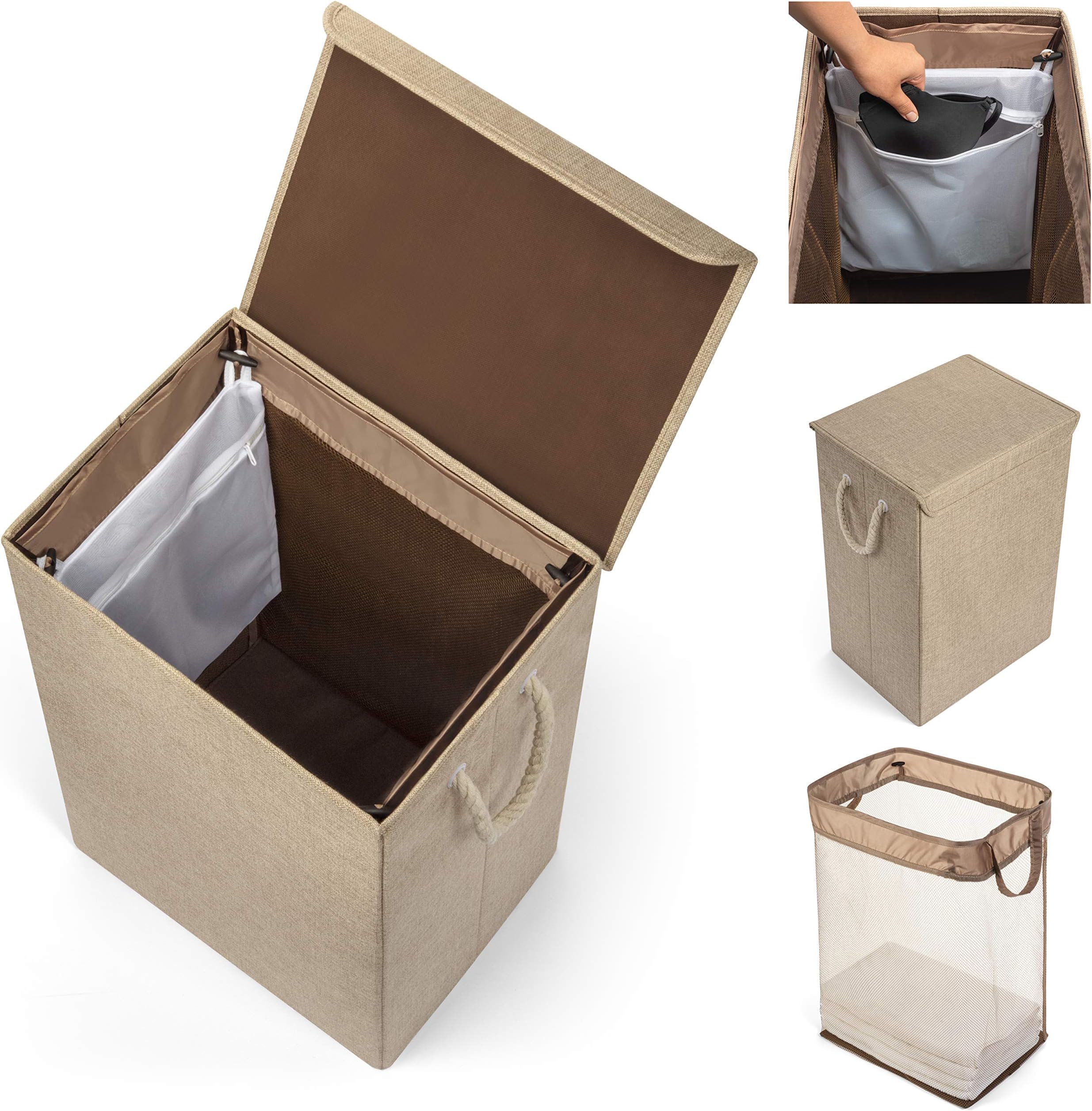 Collapsible Laundry Hamper with Lid and Liner - Attractive Covered Laundry Hamper - FREE Attachable Mesh Bag for Delicates - Makes Doing Laundry Super Easy