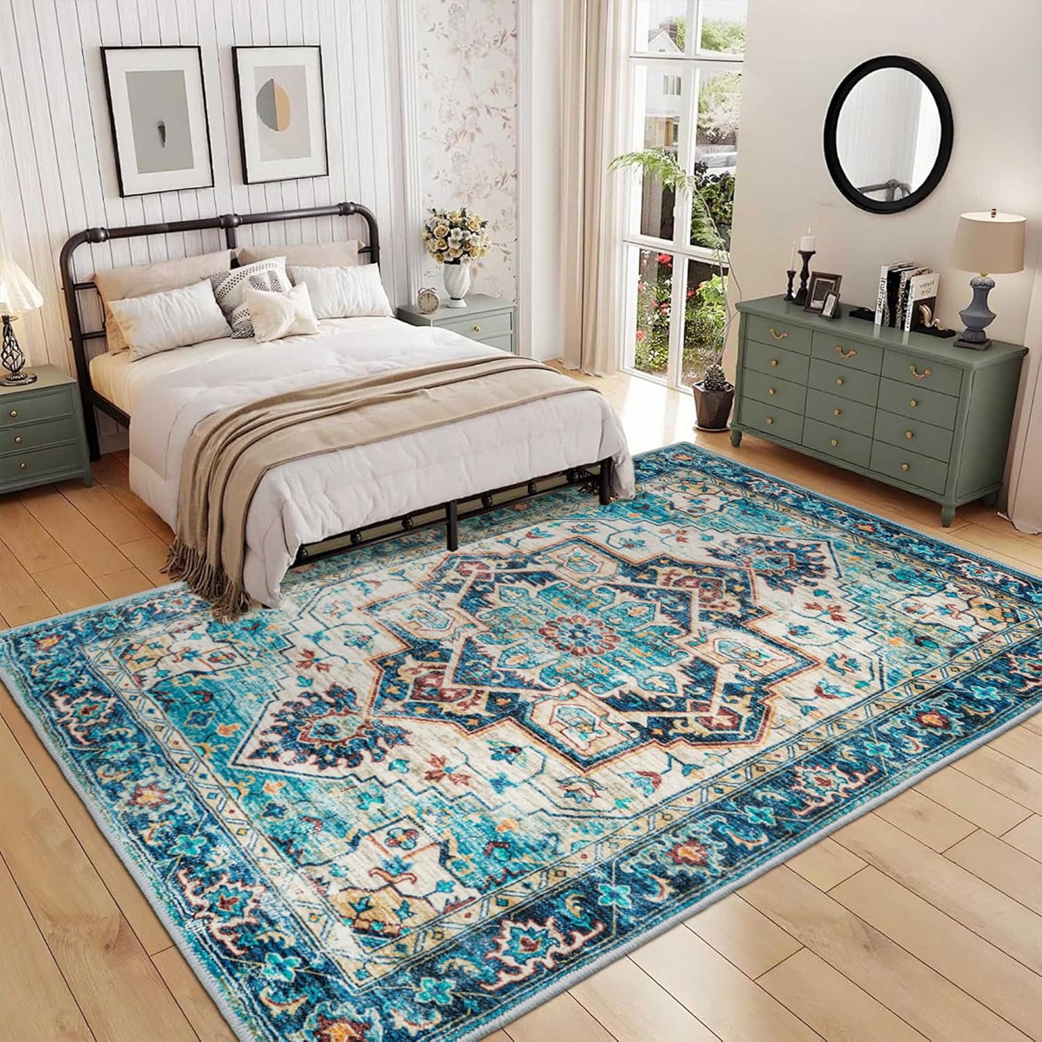 5x7 Area Rugs Low-Pile Vintage Rug - Washable Non-Slip Carpet for Living Room, Bedroom & Dining Room | Water Repellent Indoor Floor Mat for Home Office