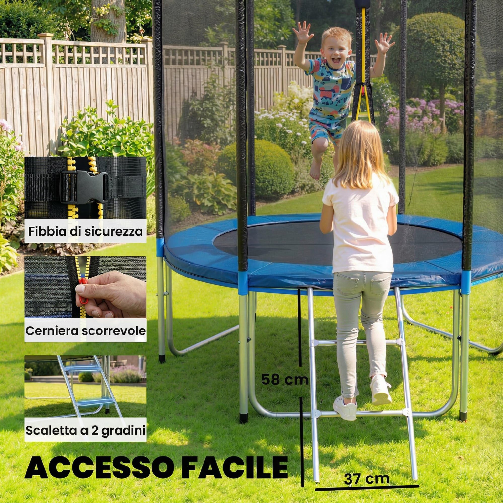 SPORTNOW Trampolino Elastico per Adulti Ø183/Ø244/Ø305cm, Tappeto Elastico Adulti con Rete di Protezione, Scala a 2 Gradini, Copertura di Sicurezza per Molle, Struttura in Acciaio, Blu