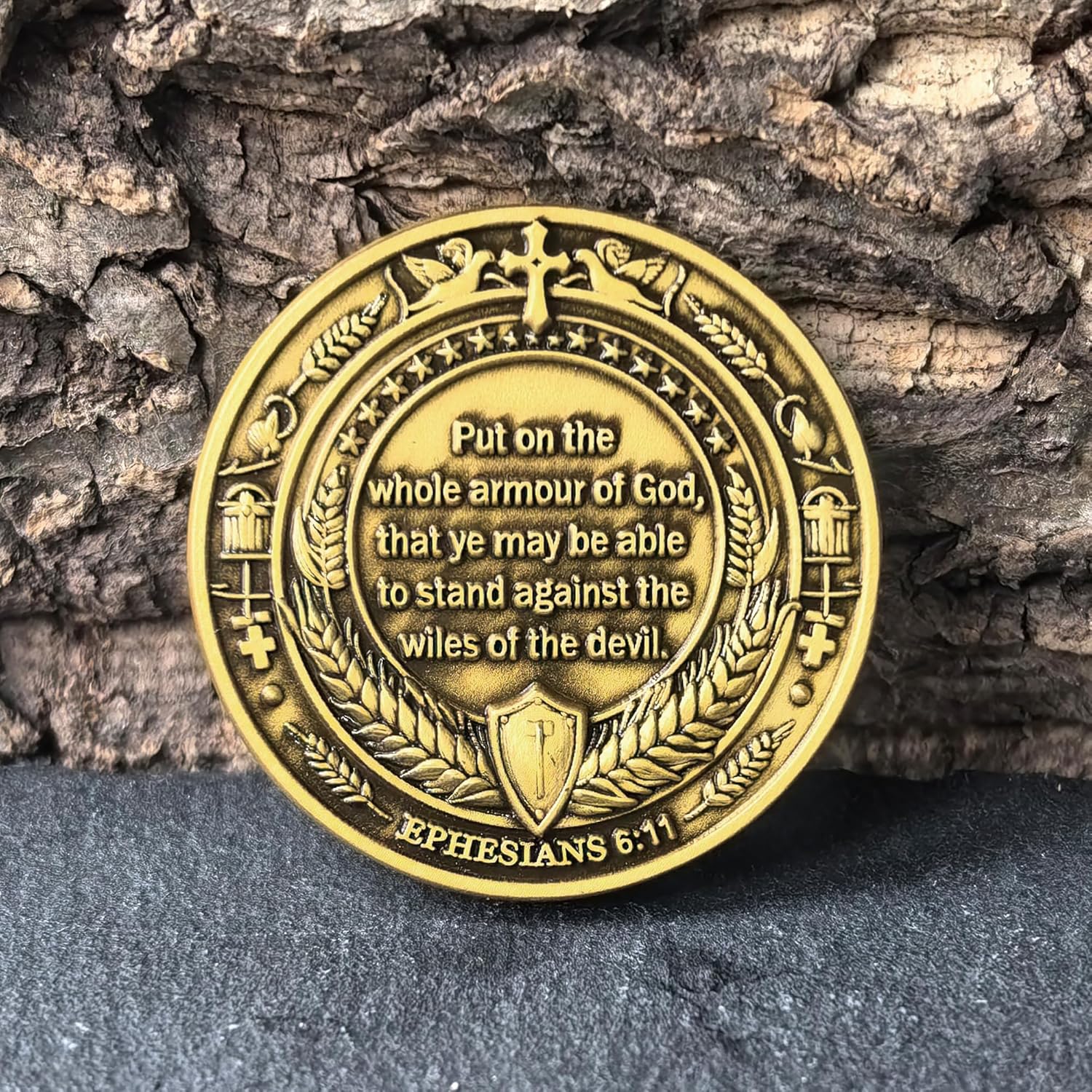 Armor of God Christian Challenge Coin with Ephesians 6:11 Inscription and Protective Case - Ideal for Spiritual Strength and Motivation (Pack of 3)