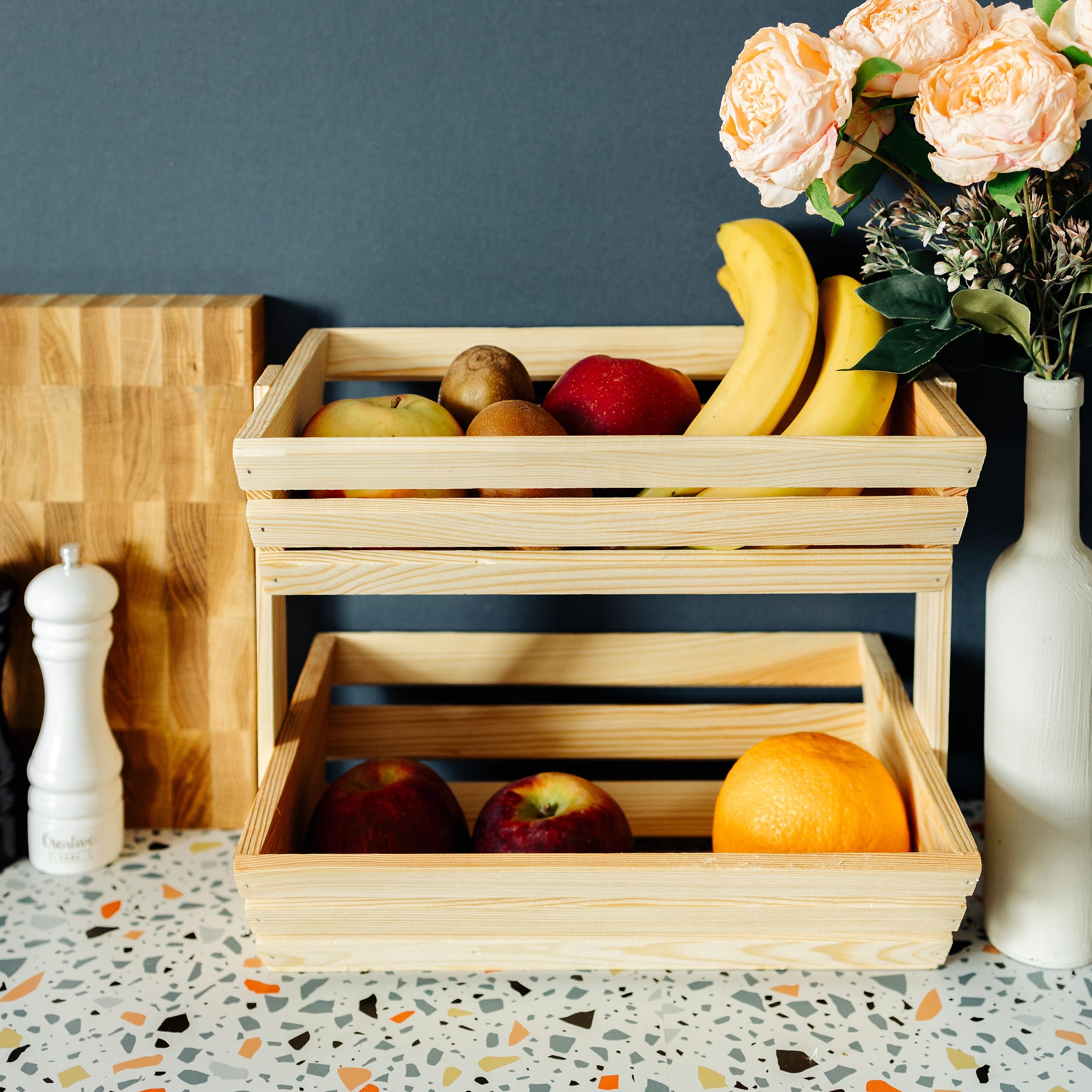 Creative Home Frutero Cesta de Frutas de Dos Niveles de Madera | 36x28x30 cm | Madera Aceitada | Soporte Universal Funcional para Almacenaje y Exhibición | Frutas Verduras Snacks | Cocina Comedor