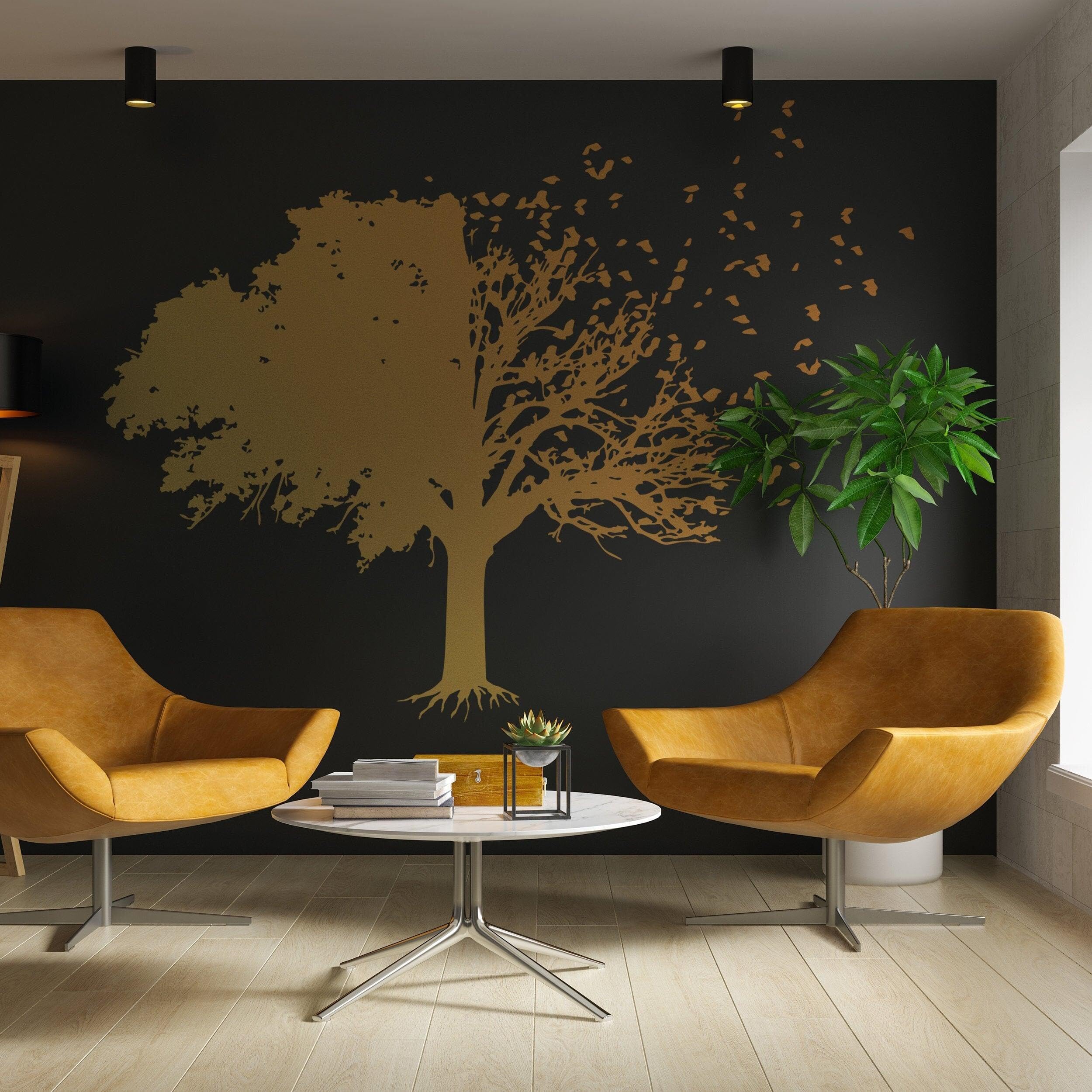 Autocollant mural arbre - Oiseaux feuilles branches chambre salon décalcomanies 39 x 39 / noir/vert