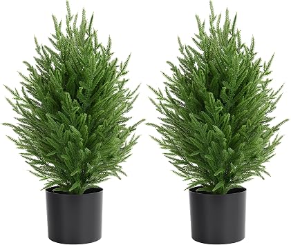 Palonu 2 Pcs 2Ft Christmas Norfolk Pine Potted Trees, 24" Realistic Artificial Norfolk Tree with Pot Faux Greenery UV Resistant Fake Plants for Tabletop Front Porch Indoor Outdoor Home Decor