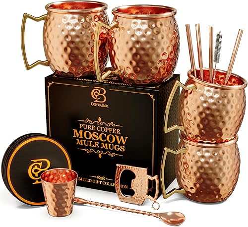 Copper-Bar - Juego de 4 tazas de cobre macizo puro 100 hechas a mano juego de regalo de 16 onzas con popotes de cobre de la más alta calidad y