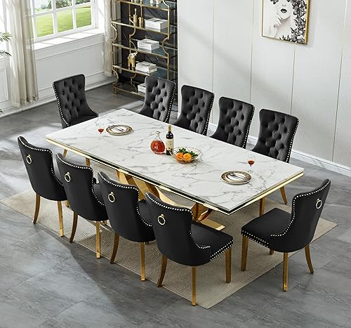 Miniatura 27 de Juego de mesa de comedor de mármol de 9 piezas para mesa de comedor grande de mármol blanco de 8 y 94 pulgadas con base de acero inoxidable en forma