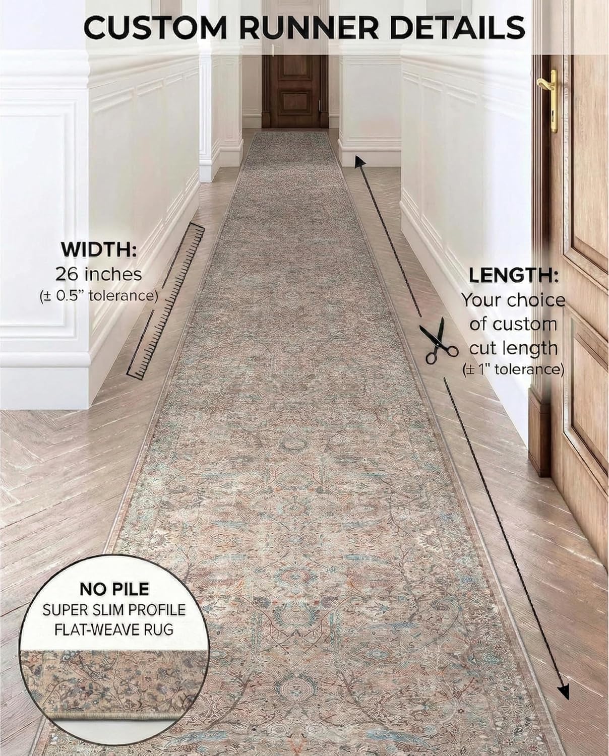 Well Woven Custom Size Hallway Stair Runner - Choose Length - Emilia Flatweave No-Pile Floral Ivory (27 in x 17 ft)