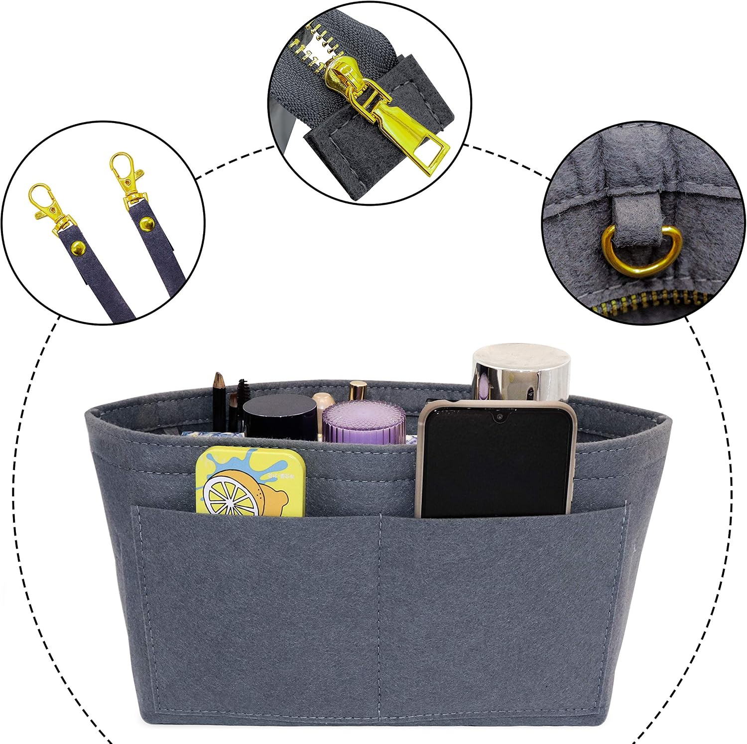 Fovasen Felt Handbag Organiser Insert, Bag Organiser Insert with Handles Keychain - Image 3