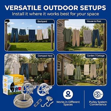 STRATA Heavy-Duty Clothesline Kit, 150 ft Steel Cable, Gold & Silver