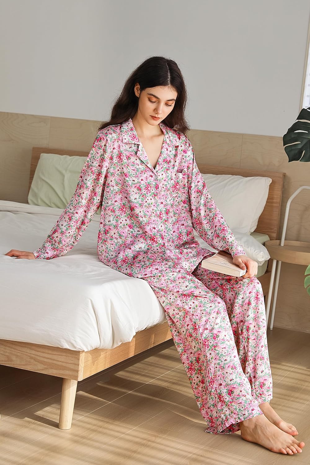 Womens Silk Satin Pajamas Set Button Down 2 Piece Pjs Long Sleeve Oversized Sleepwear with Pockets - Image 7
