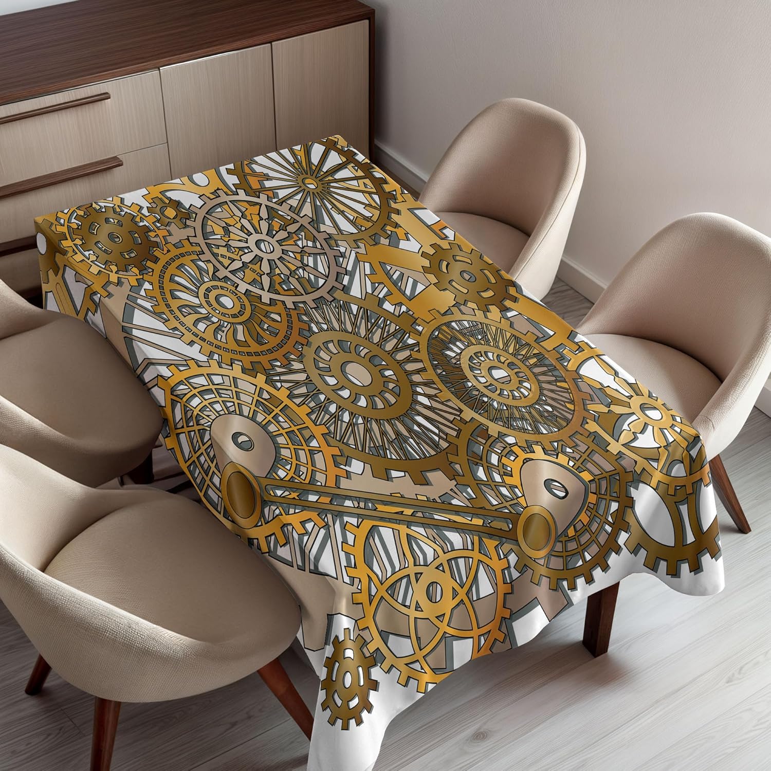Ambesonne Clock Tablecloth, Gears in Style of Steampunk Mechanical Design Engineeringme Print, Rectangular Table Cover for Dining Room Kitchen Decor, 60" X 90", Gold Brown