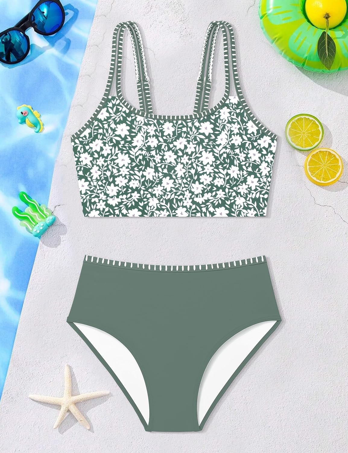 Girls Swimsuit Two Piece Double Straps Sporty Bathing Suit High Waisted Bikini Tropical Floral Swimwear 9-16Y - Image 6