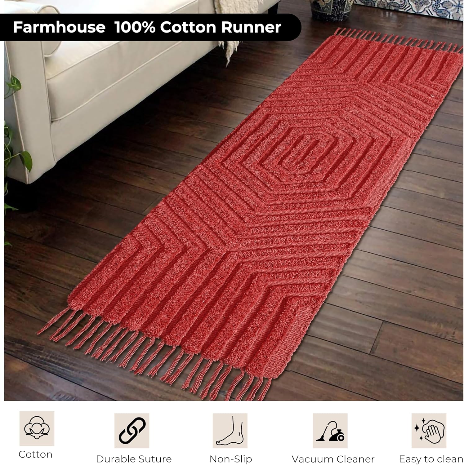 Boho Runner Rug 2x6' Washable Kitchen Rugs with Tassels Indoor Farmhouse Rugs for Bedroom Aesthetic Tufted Rug for Laundry Room Doorway Living Room_Rust Bricks