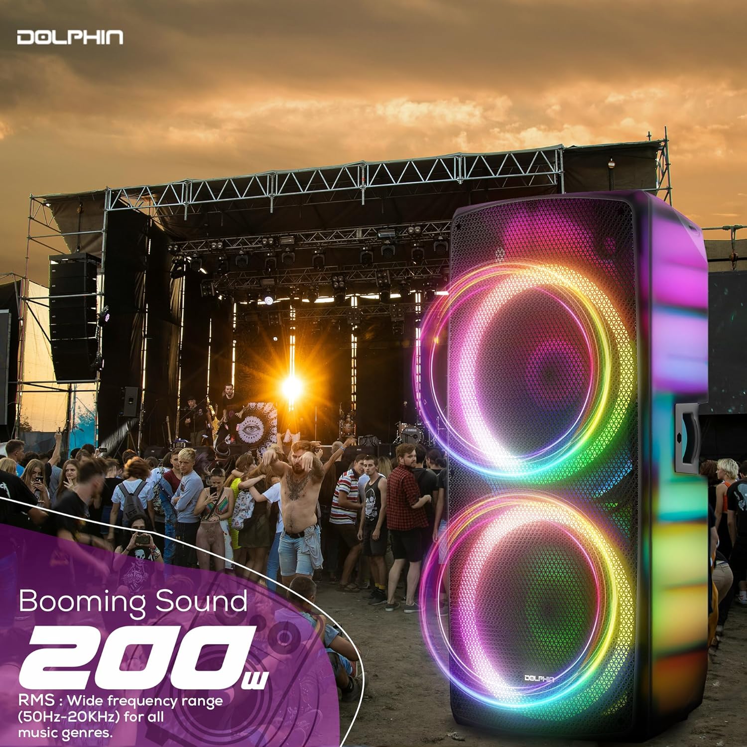 Dolphin Elite 290 Bluetooth Party Speaker – Dual 15" Big Speaker with Wireless Microphone, XLR Input, 200W RMS, Translucent Cabinet, Deep Bass, LED Light Show, High Clarity Sound, DJ & Karaoke Ready