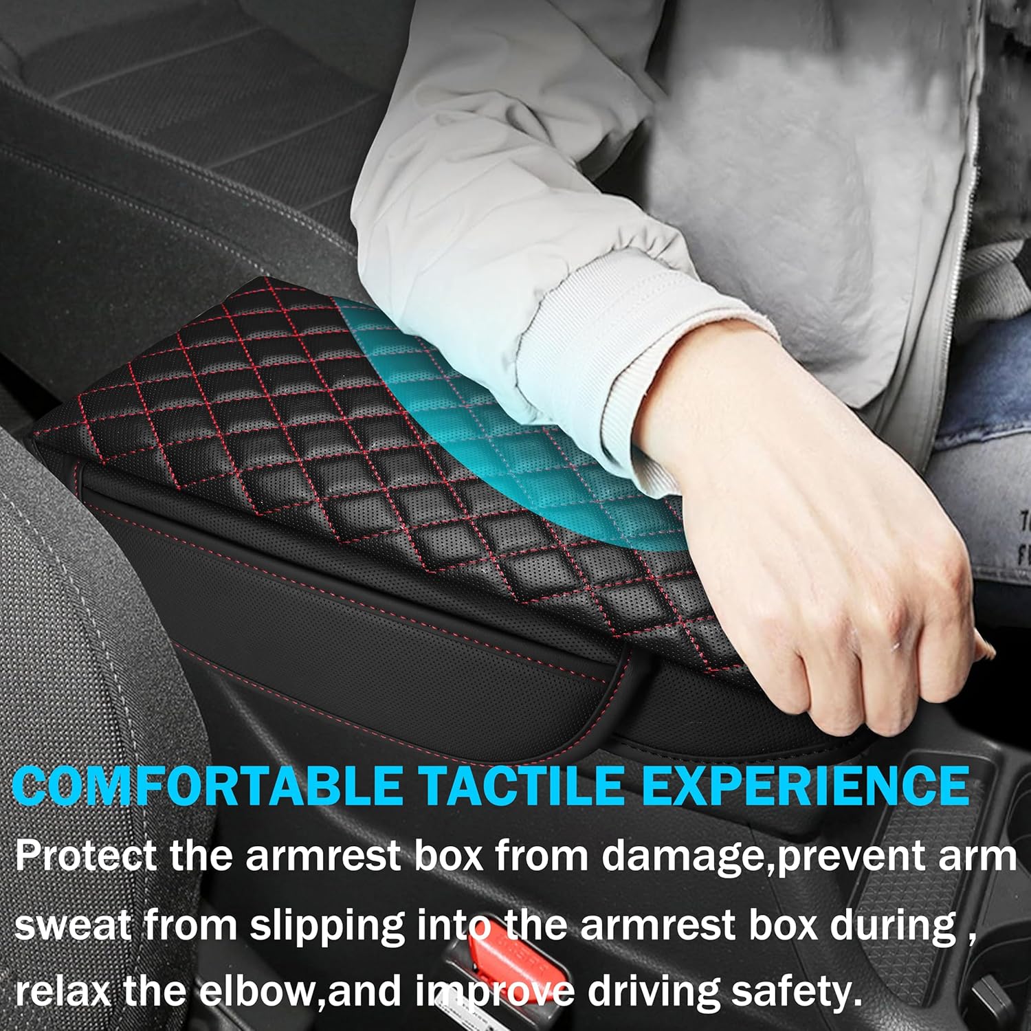 SENSHINE 1.2in Thickness Center Console Cover for Honda CRV Accessories 2023 2024 2025 2026 Middle Console Cover Leather Armrest Box Lid Protector Cushion Pad with Pockets Interior (Red Stitch)