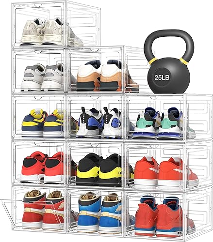 Pinkpum Caja de almacenamiento de zapatos duros mejorada, paquete de 12 unidades, tamaño XL, tamaño 12, grueso y resistente, de plástico