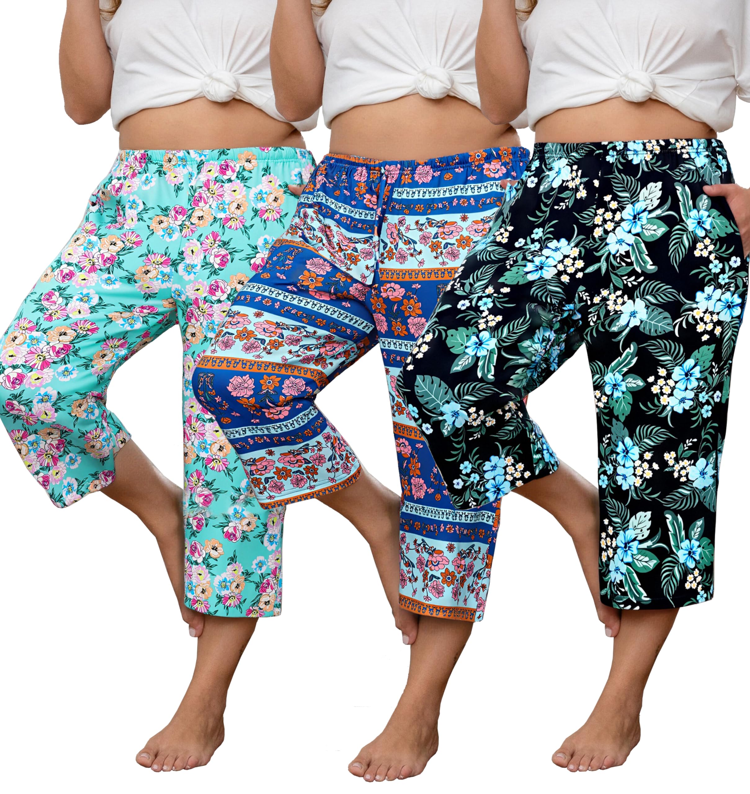 Vozanet 3 Pack Women Plus Size Capri Pajama Pants Sets Drawstring Pj Bottoms Casual Lounge with Pockets XL to 5XL