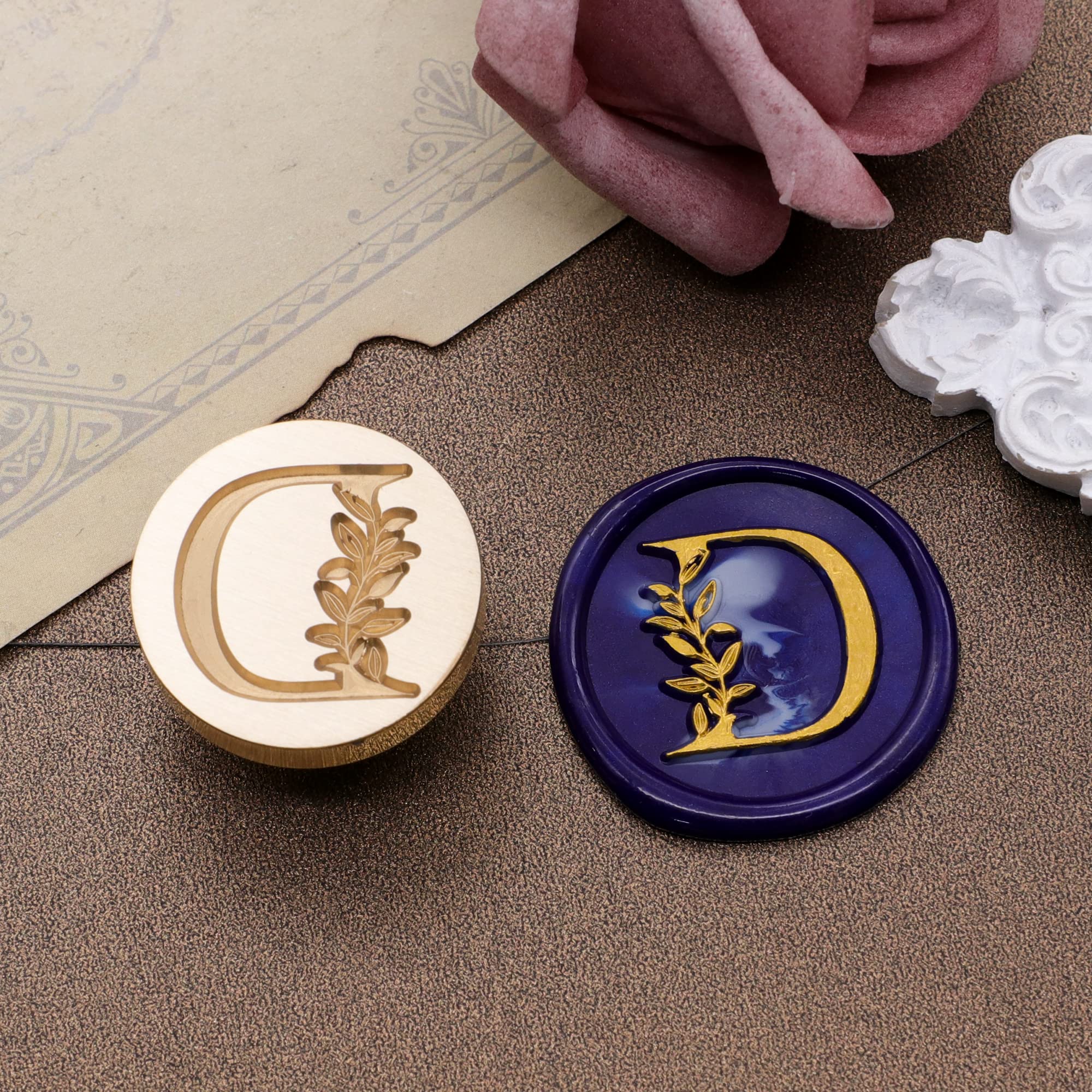 Initial Alphabet E Wax Seal Stamp Vintage Botanical Leaves Letter Sealing Stamps 30mm Removable Brass Head Wood Handle Wedding Invitation Christmas T