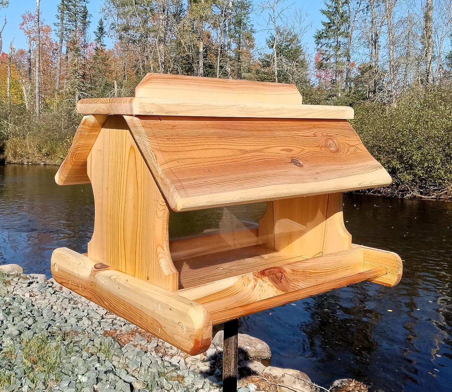 16 Inch Cedar Wood Post Mount Bird Feeder for Outdoors