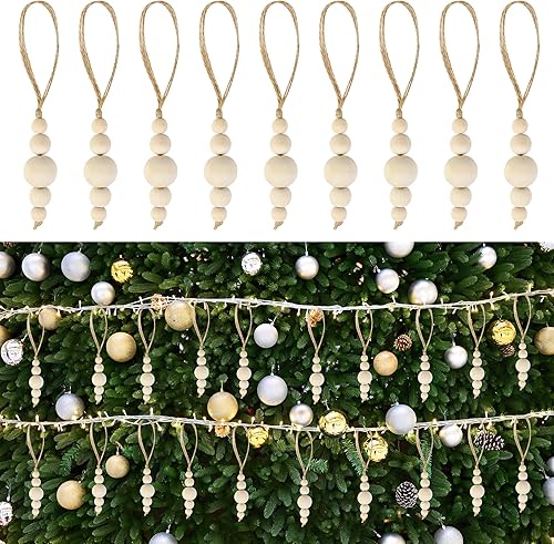 Miniatura 9 de 24 adornos para árbol de Navidad, decoraciones colgantes de cuentas de madera, guirnalda de cuentas naturales, rústica, pequeña, de madera, bohemio,