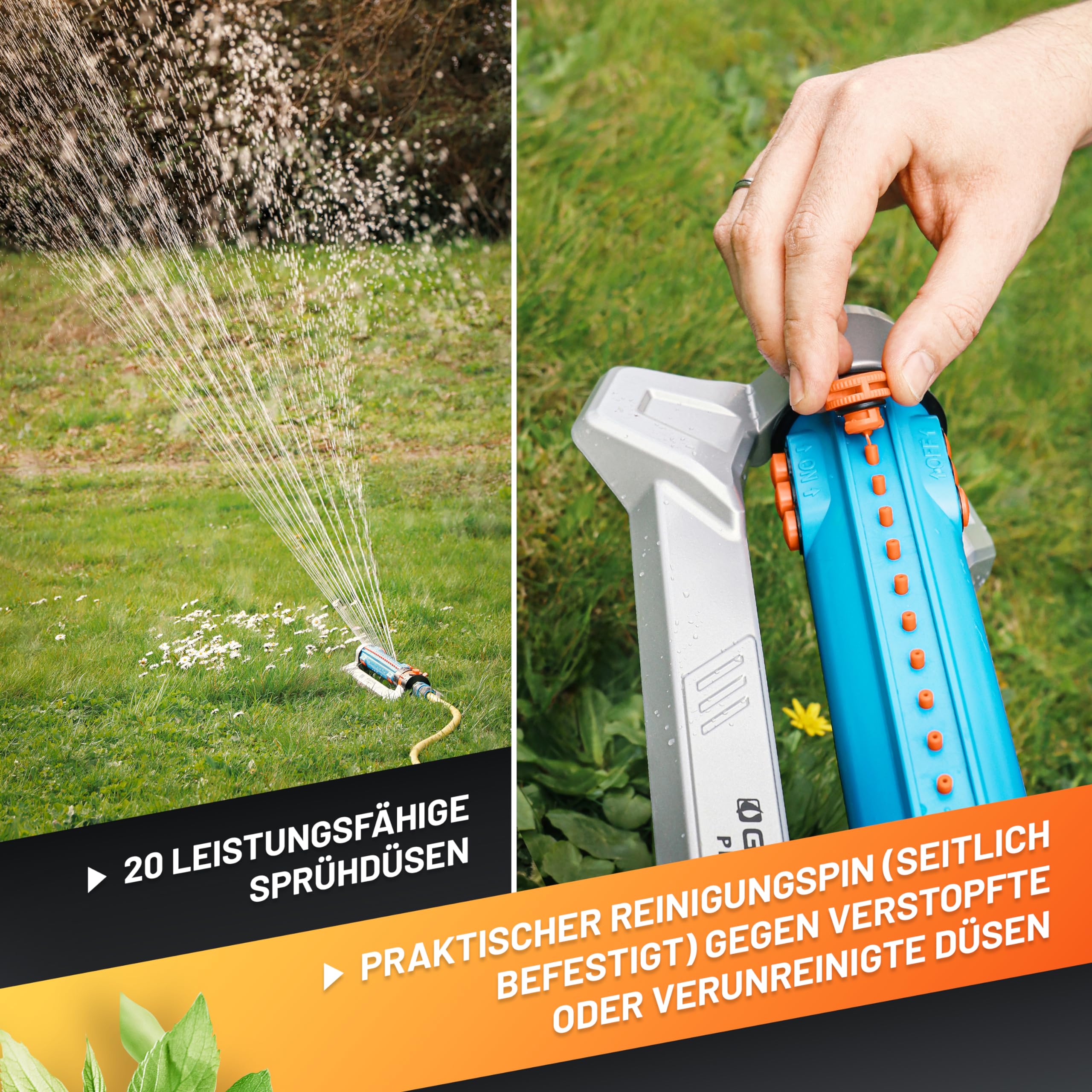 GRÜNTEK Metall Oszillations-Rasensprenger, Beregner mit flexiblem Bewässerungsbereich, Rasen-Sprenger, Sprinkler mit Turbo-Motor, bis 462 m²