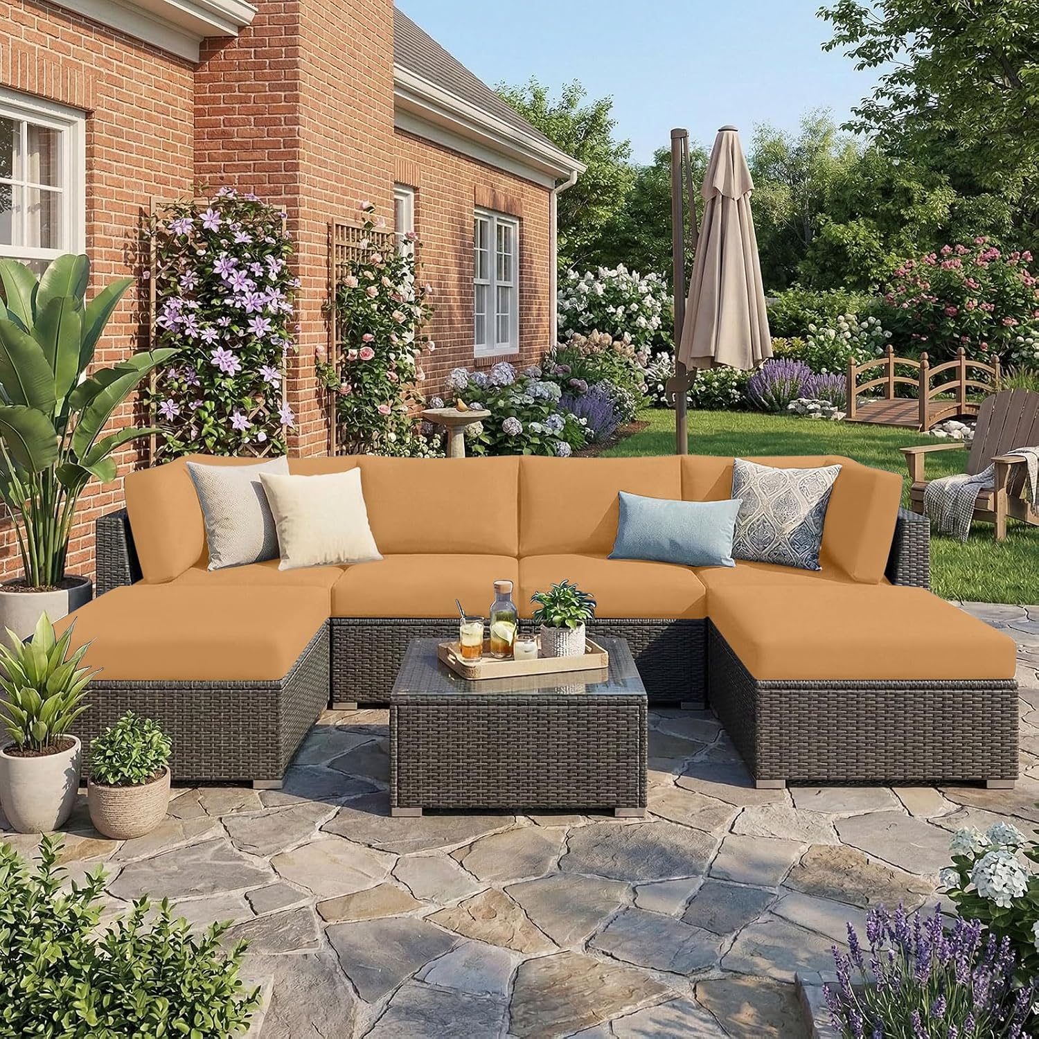 hyha Waterproof Outdoor Cushion Covers for Patio Furniture, Stretch Patio Chair Cushion Slipcovers, Coated UV Resistant Replacement Seat Covers, Solid Color (Camel, 14PC)
