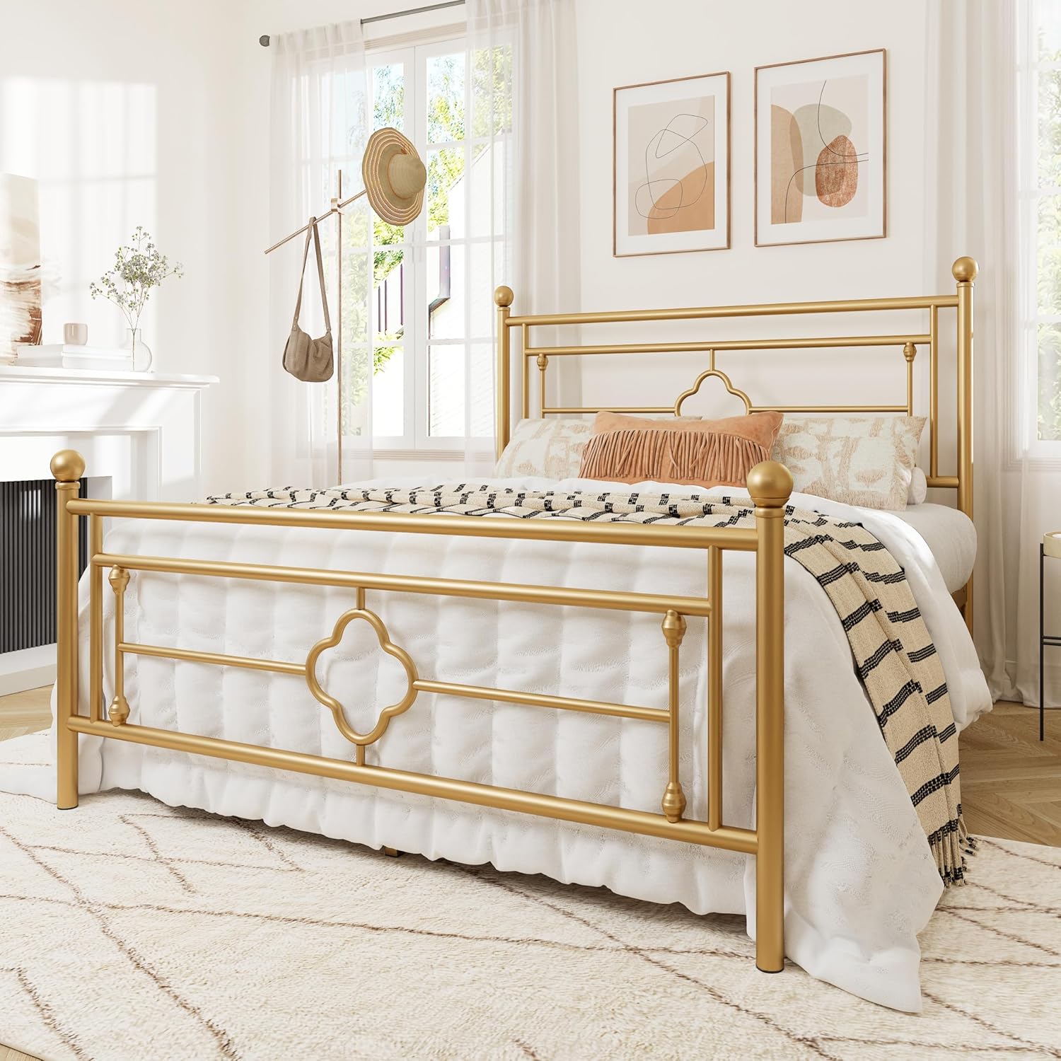 Allewie Queen Size Metal Platform Bed Frame with Victorian Vintage Headboard and Footboard/Mattress Foundation/Under Bed Storage/No Box Spring Needed/Noise-Free/Easy Assembly, Gold - Image 3