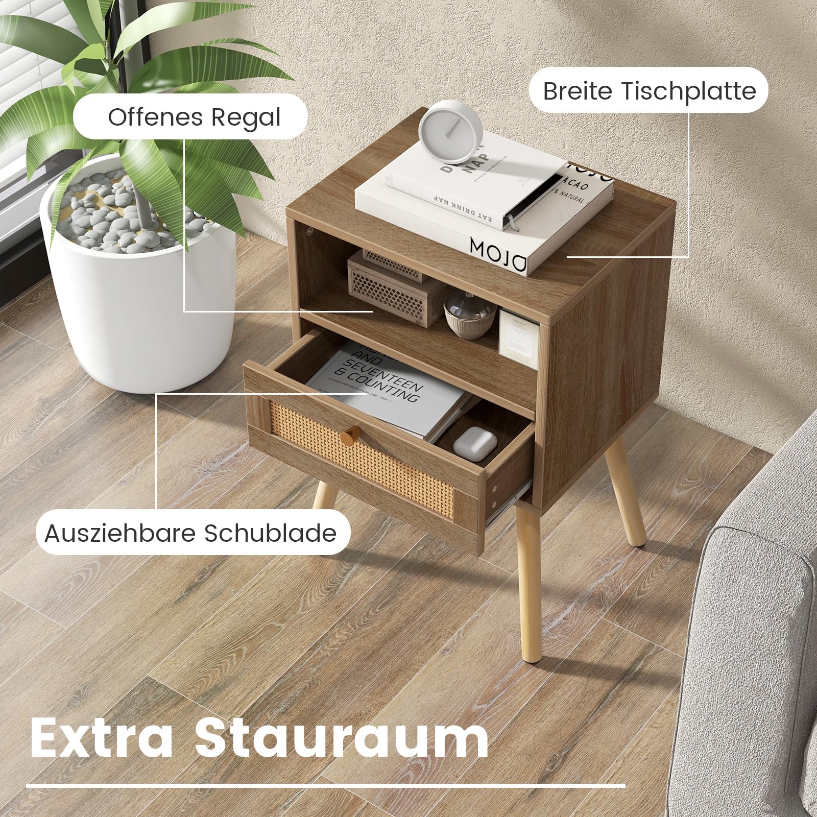 COSTWAY Stolik nocny z rattanu zestaw 2 szt. szafka nocna z szufladą i otwartą półką nogi z litego drewna boho 40x30 cm