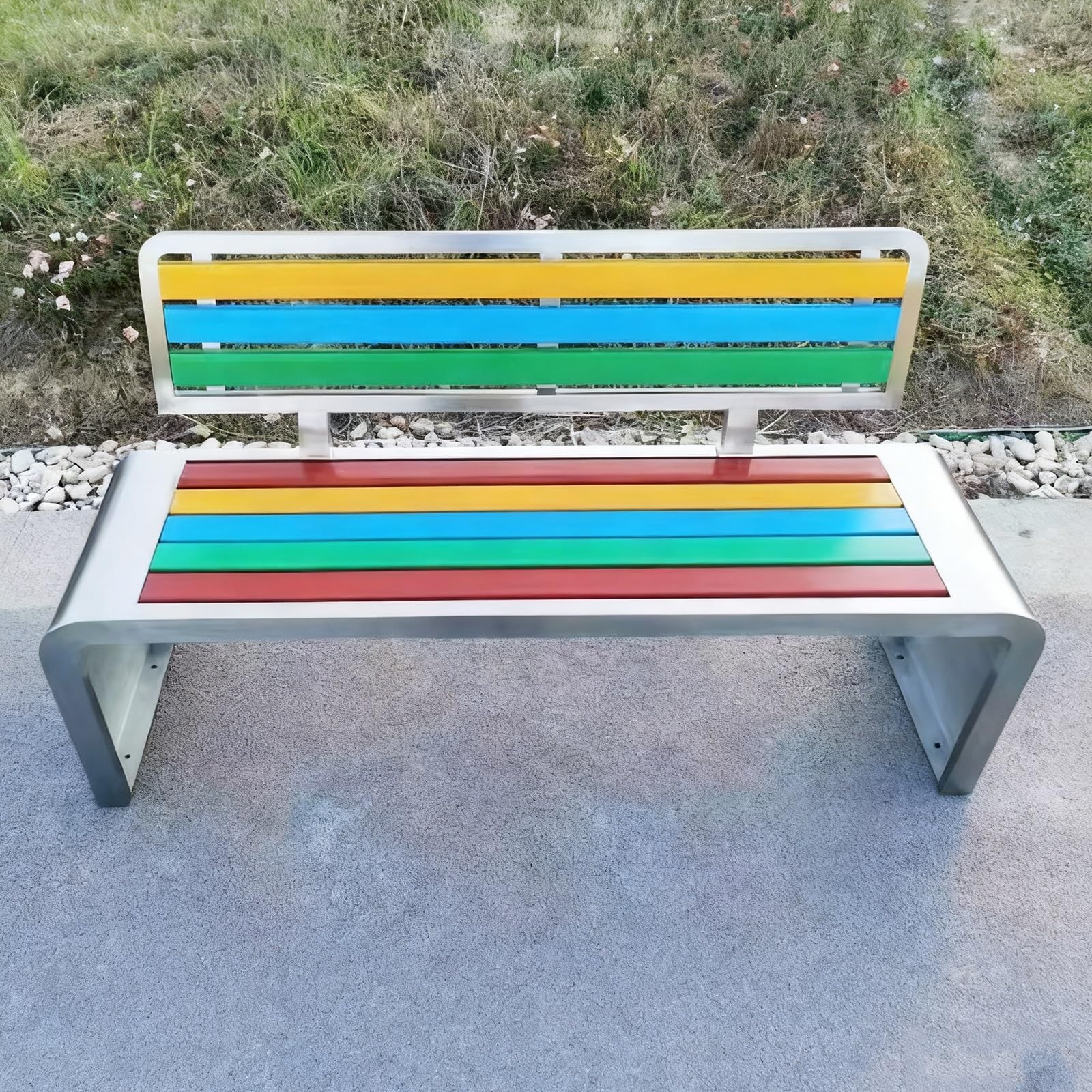 Stal Nierdzewna Zewnętrzne Ławki Odporne na Pogodę z Płytkami Drewno-Plastikowymi Ciężkowaga z Oparciem do Tarasu i Przestrzeni Komercyjnych(Multi-colored,59.05"/150cm)