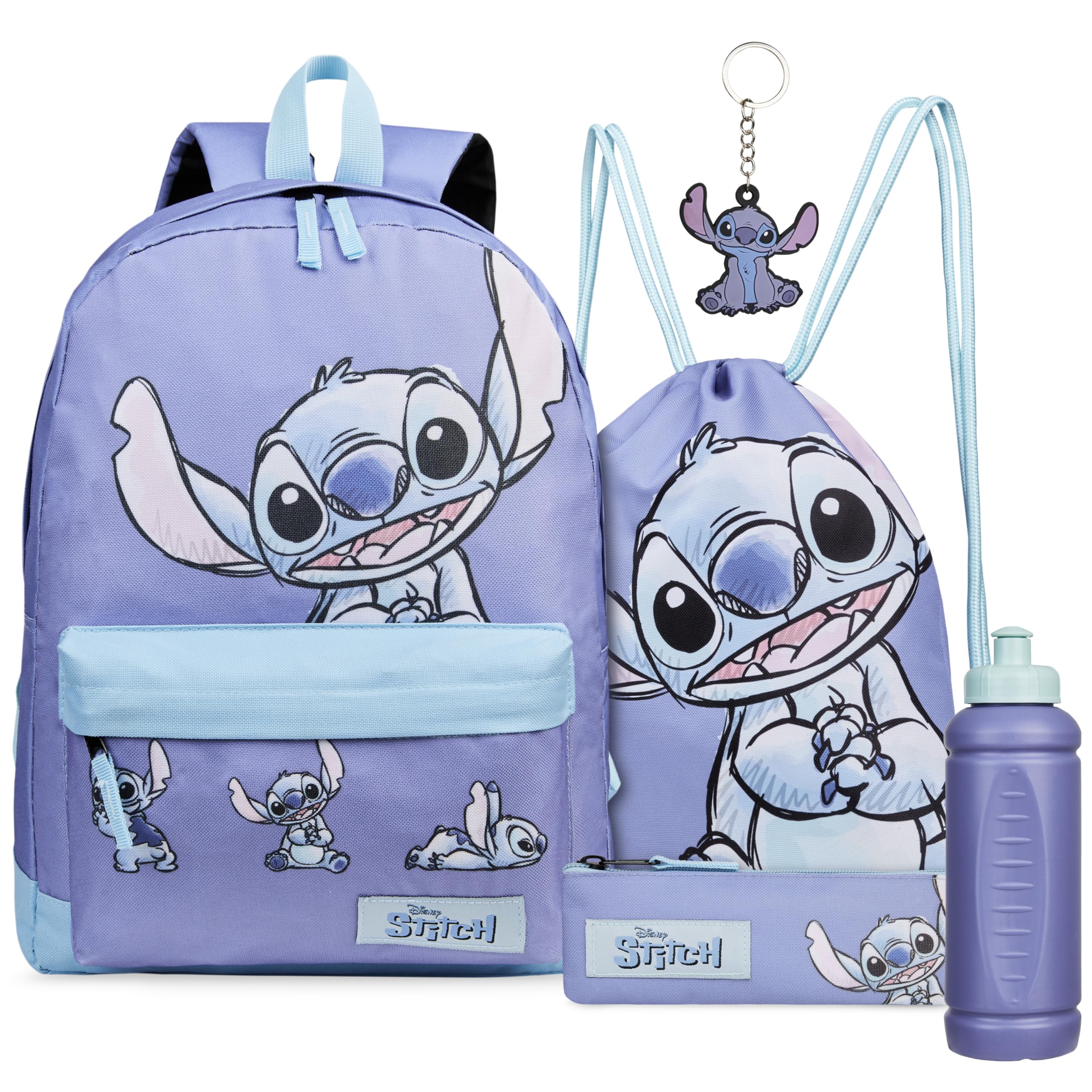 Disney Stitch Sac a Dos Fournitures Scolaires Lot 5 Pièces avec Sac de Natation Trousse Bouteille d'eau et Porte-clés Cadeau Enfant