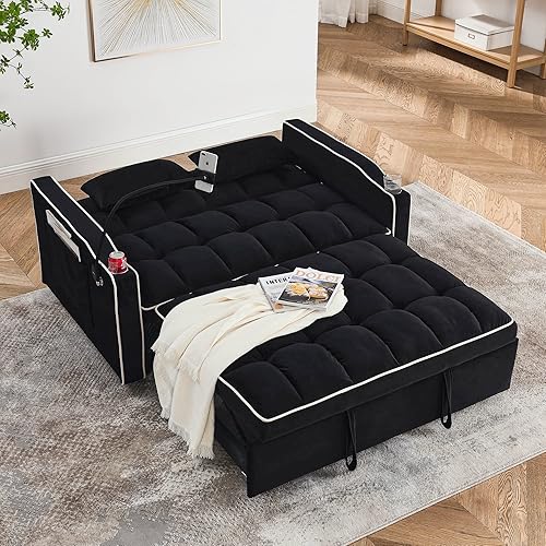 Miniatura 65 de Sofá cama biplaza de terciopelo convertible y moderno con cama desplegable, respaldo ajustable y 2 almohadas lumbares, para espacios pequeños (gris